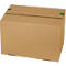 Brown rectangular cardboard shipping box. The lid is closed and secured with green tape.