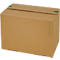 A rectangular box made of brown cardboard. The lid is closed, secured with green tape. Green measurement numbers on the side.