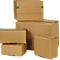 Several brown cardboard boxes, some stacked on top of each other, with green tape and markings.