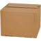 A brown, square cardboard box. Green measurement units are printed on the side.