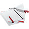 White paper cutter with red blade and handle, transparent protective shield, and IDEAL 1046 print.