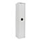 White gun safe, tall, narrow shape, black round lock, company logo on top.
