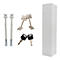 White column element, screws, silver and black keys on white background.
