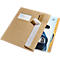 A brown envelope with a window showing an address, a VW brochure is partially visible.