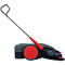 Black sweeper with red wheel and handle, on a white background.