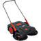 Black and red sweeper with handle and rotating brushes.