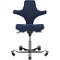 Blue ergonomic office chair, front view, with curved backrest and seat, on wheels.
