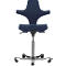 Ergonomic office chair in dark blue. The chair has an unusual shape with wings, a backrest, a seat, and a silver frame.