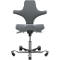 A gray office chair with an unusual back and seat. It has a metallic base with rollers.