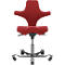 Red office chair with curved backrest and armrests. It has castors and a height-adjustable seat.