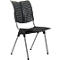 Black chair with silver legs. The backrest is perforated, the seat is padded with a black cushion.