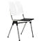 Chair with white, perforated backrest and black seat. Gray metal legs and frame, black feet.
