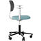 Chaise de bureau, siège bleu clair, base noire avec roulettes, dossier gris.