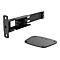 Schwarze Metallhalterung mit Platte, Schrauben und Löchern, vor weißem Hintergrund.