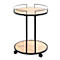 Bijzettafel met twee ronde planken in houtlook, zwart frame en wielen.
