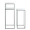 Twee grijze metalen planken met witte planken. Een hoge plank met twee planken, naast een lage, vierkante plank.