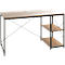 Bureaumeubel met houten blad en zwart metalen frame. Twee planken aan de rechterkant.