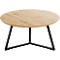 Runder Couchtisch aus Holz mit schwarzem Metallgestell. Die Tischplatte ist hellbraun, das Gestell schwarz und dreibeinig.