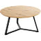 Runder Couchtisch aus Holz mit schwarzem Metallgestell.