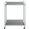 Metal serving cart with two shelves and castors.