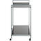 Grey serving cart with two shelves and casters. Metal frame, rectangular surfaces.