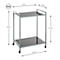 Serving cart with black glass shelves, gray metal frame and castors, dimensions marked with arrows.