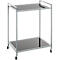 Serving cart with two black shelves and silver frame on casters.