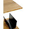 Houten bijzettafel met zwart opbergvak, afmetingen weergegeven. Rechts een schets van de houtstructuur.