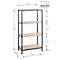 Rek met zwart metalen frame en houten planken, voorzien van afmetingen.