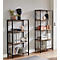 Twee zwarte metalen planken met houten planken, versierd met planten, boeken en decoratieve objecten.