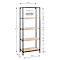 Een open plank met vier houten planken en een zwart metalen frame. Afmetingen: 167x64x35 cm. Label: Melaminehars coating.
