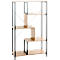 Een boekenplank met zwarte metalen frames en houten planken. De plank heeft een modern, geometrisch ontwerp met verschillende niveaus.