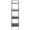 Hoge, smalle plank met zwart metalen frame en grijze planken. Witte achtergrond.