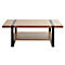 Table basse carrée avec plateau en bois et cadre en métal noir. Deux bandes noires sur le plateau.