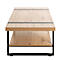 Table basse, bois clair, cadre noir, avec étagère, deux bandes grises.
