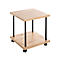 Table d'appoint aspect bois, cadre noir et roulettes. Deux niveaux, carré.