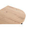 Table d'appoint en bois semi-circulaire avec pieds en métal noir et roulettes.