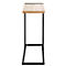 Table d'appoint en bois clair avec cadre en métal noir. Une bande sombre en haut.