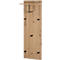 Houten wandgarderobe met knoppen en een haak, met een kleine plank en een donkere metalen haak.