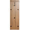 Houten wandkapstok met zwarte kapstokhaak, knoppen en een plank.