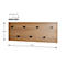 Houten wandpaneel met 8 zwarte haken. Afmetingen: 30 x 80 cm. Linksboven, diagram met de tekst "Melamine hars coating".