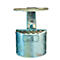 Metal ashtray with round container, holder and small roof, against a white background.