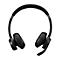 Casque noir avec écouteurs et microphone, sur fond blanc.