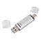 Hama USB-Stick mit USB-A und USB-C Anschluss und zwei transparenten Schutzkappen auf weißem Hintergrund.