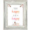Ein gerahmtes Bild mit der Aufschrift THINK happy BE happy. Der Rahmen ist weiss und hat einen Vintage-Look.
