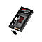 Schwarzer Hama VHS-C Kassetten-Adapter mit eingelegter Batterie und geöffnetem Batteriefach auf weißem Hintergrund.