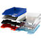 Stack of different colored document trays: blue, transparent, grey, black, red, and light blue.