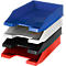 Four stacked file trays in blue, white, black, and red. Each tray has a raised front.