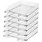 Stack of transparent plastic document trays, six arranged on top of each other.