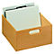 Wooden box with handle hole. It contains papers. Light brown wood with light papers.